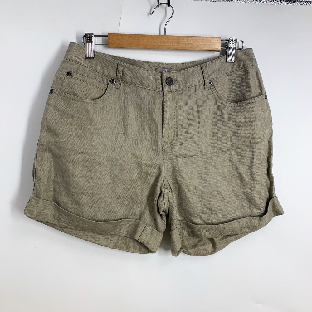 J. Jill Womens Khaki Cuffed 100% Linen Shorts Rolled Hem Pockets Size 8 NWT